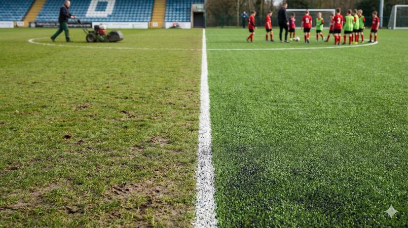 דשא במגרש כדורגל עם מכסחת דשא